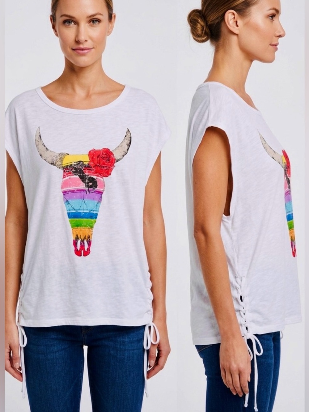CHASER Boho Rainbow Cow Skull Rose White Tee Lace-up Sleeveless Top T-Shirt